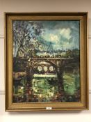 Continental School : River under a bridge, oil on canvas, 59 cm x 49 cm, framed.