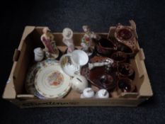A box of assorted chain to include Bunnykins plate and money box, pottery coffee set,