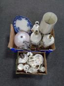 Two boxes of lustre tea service, assorted china, shaving mirror, table lamps,