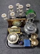 A tray of mid century desk and mantel clocks, pair of three way plated candelabra, Ringtons tea pot,