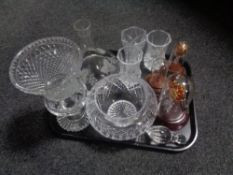 A tray of assorted glass ware to include ornaments under domes, thistle vase,