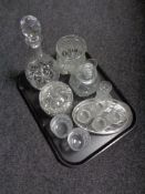 A tray of assorted glass ware - decanter with stoppers,