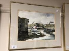 John C. Currie, Seaton Sluice, watercolour, in a brass frame.