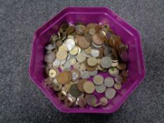 A tub of pre-decimal coins and foreign coins