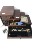 A multi-drawer jewellery box and contents including silver filigree dagger brooch,