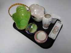 A tray containing assorted china to include Maling storm basket, Maling peony rose trinket dish,