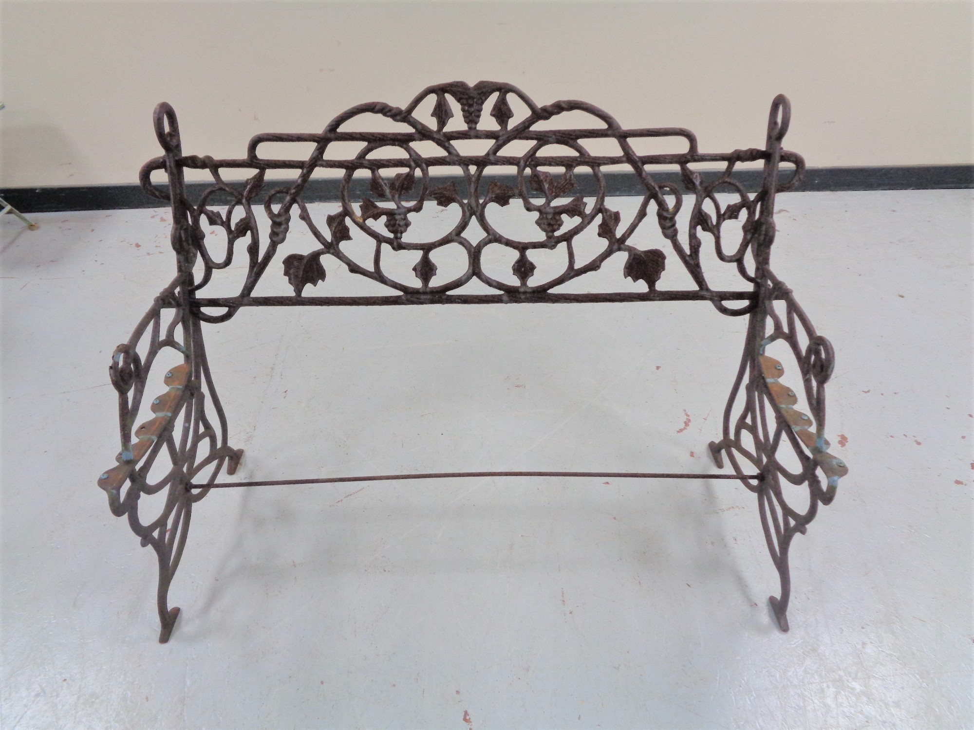 A cast iron bench frame.