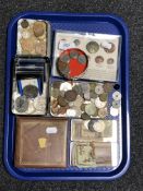 A tray of crowns, pre decimal and foreign coins, bank notes,