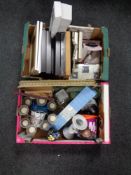 Two boxes of miscellaneous home ware and glass, candle holders, picture frame,