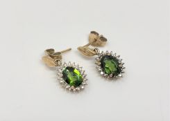 A pair of 9ct gold green diopside and diamond cluster earrings