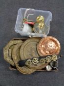 A box and a crate containing assorted metalware to include a brass and glass lantern light fitting,