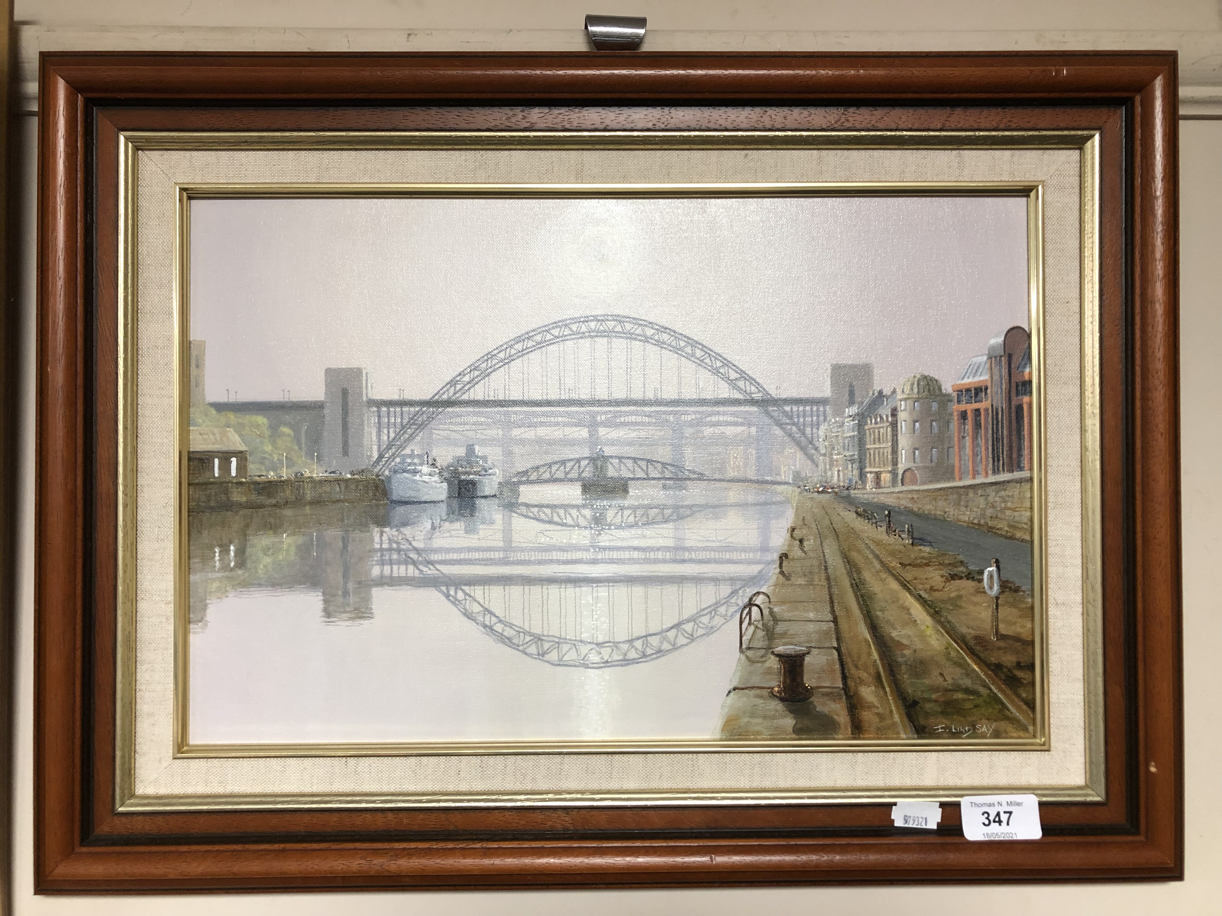 Ivan Lindsay, Newcastle Quayside, oil on Board, framed.