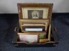 A box of pictures, Edwardian framed religious print, oil on board of Alnwick Castle by Richmond,