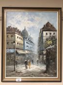 An oil on board signed Burnett, Figures on a street, framed.