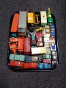A tray of mid 20th century and later play worn die cast vehicles including Lesney, Farnborough,