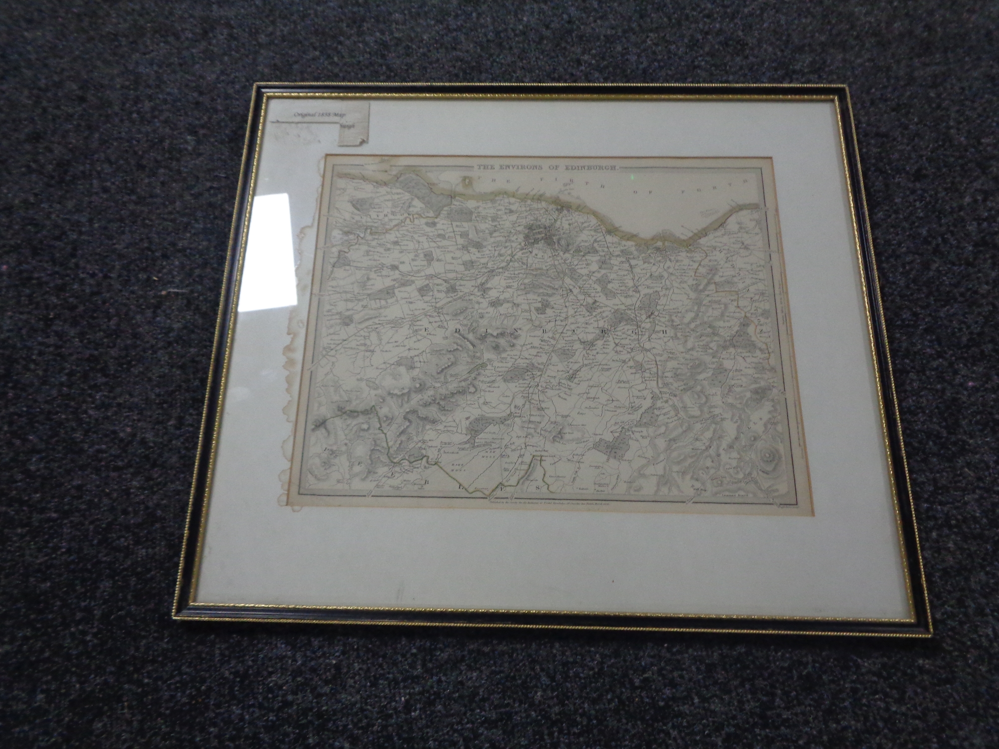 A 19th century hand coloured map, The Environs of Edinburgh, published 1832, in Hogarth frame.