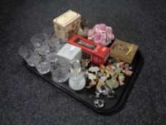 A tray of lead crystal drinking glasses, Wade whimsies, boxed Poole Collector's door mouse,