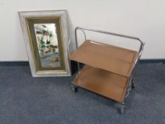 An Edwardian bevelled hand painted framed mirror and a mid 20th century tubular metal folding tea