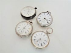 Four silver pocket watches - centre second chronograph, John Forest and two others.