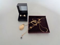 A pair of 9ct gold backed simulated pearl Ciro earrings together with a 9ct gold locket on chain,