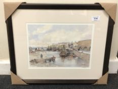 After Tom MacDonald : Seahouses, reproduction in colours, signed in pencil, 21 cm by 30 cm, framed.