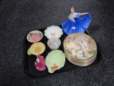 A tray of china including Royal Doulton figure Elaine HN 7291, Royal Worcester collector's plates,
