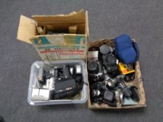 Two boxes containing assorted vintage and digital cameras to include Zenit, Pentax, Chinon,