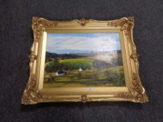 An E E Fraser oil on canvas, dwellings in a rural landscape, in a gilt frame.