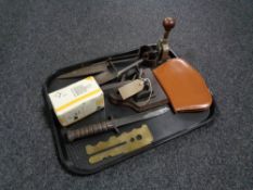 A tray of hunting knife, vintage shears, Bates desk stamp, cased manicure set,