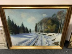 Continental School : A winter scene, oil on canvas, 100 cm x 75 cm, signed A.A., dated 1942, framed.