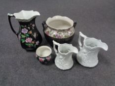 A box of two graduated Portmeirion cherub embossed jugs, Shelley planter, twin handled planter,