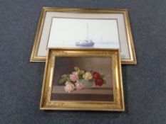 A 20th century gilt framed oil on canvas, roses, together with a framed print of a tall ship.