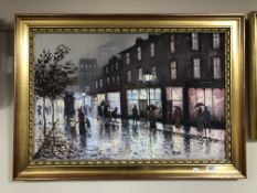 A Barry Hilton oil on canvas, figures on a lamp lit street, in gilt frame.