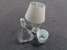 A Ragaska crystal liqueur decanter together with a further glass vase and a contemporary table lamp