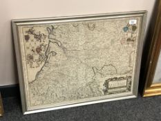 An antiquarian hand coloured map of Gascogne, 60 cm x 46 cm, framed.