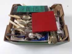 A box containing large quantity of boxed and unboxed stainless steel and plated cutlery.