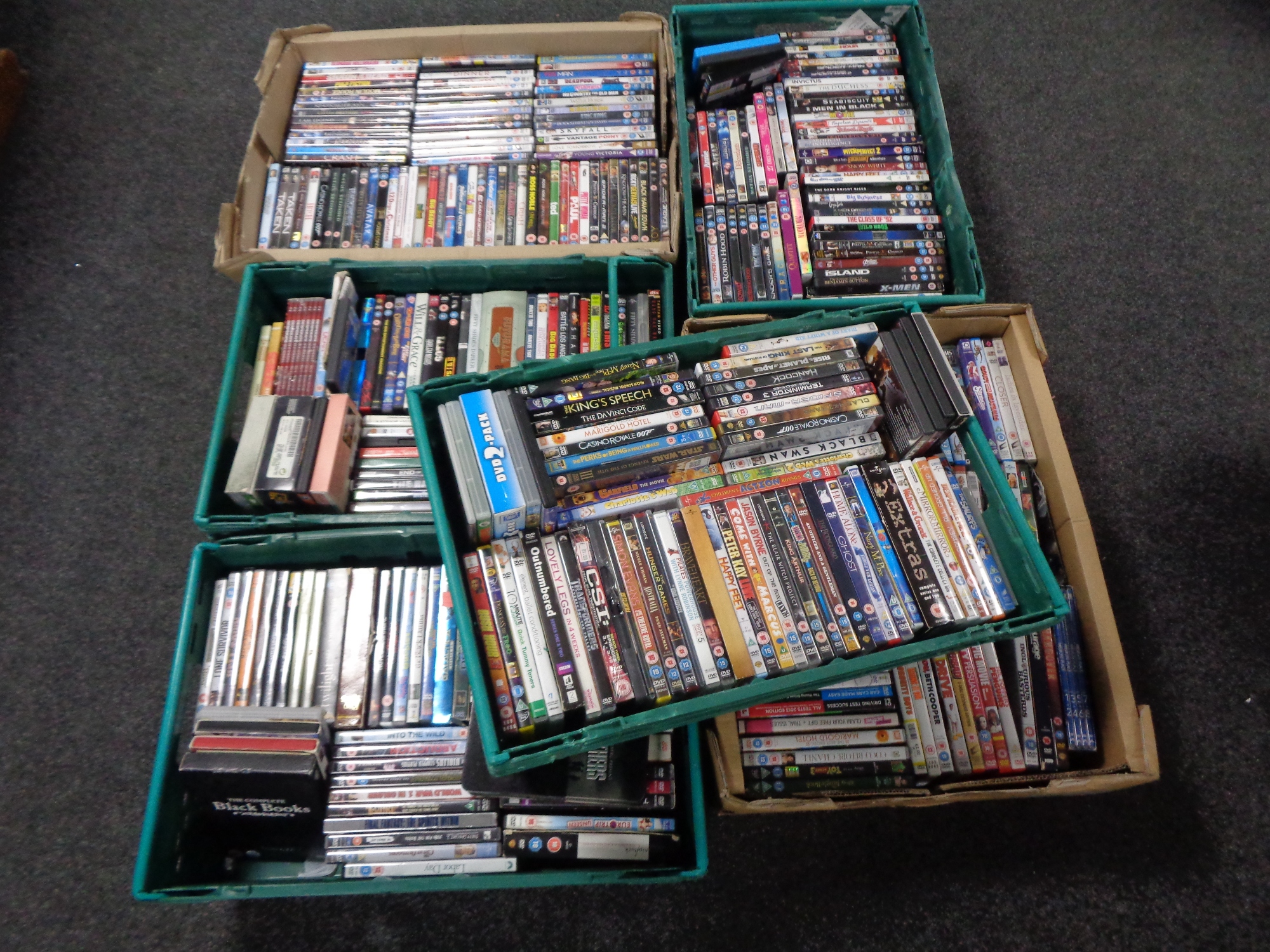 Six boxes and crates containing assorted DVDs and DVD box sets.