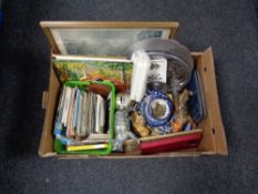 A box containing miscellania to include postcards, coinage, china, plated trays, pictures etc.