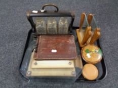 A tray containing Edwardian photograph frames, Treen pot, an album of cigarette cards,