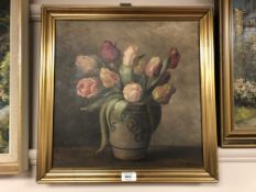 Continental School :Still life of tulips in a vase, oil on canvas, 40 cm x 40 cm,