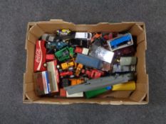 A box containing boxed and play one die cast vehicles to include Dinky, Ferrari, Dino, Coca Cola,