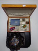 A tray of jewellery box of assorted crowns, Britain's first decimal coin set,