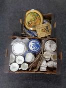 Two boxes containing assorted china to include chalk wall plaques, Booths willow pattern bowls,