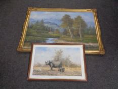 A framed David Shepard print, The Rhino's Last Stand,