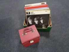 A box and a case of vinyl LP records to include The Beatles, Rod Stewart, Dolly Parton,