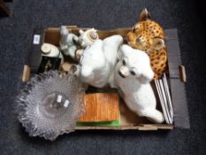 A box of miscellaneous - pair of Staffordshire dogs, pottery leopard cub,