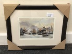 After Tom MacDonald : The Tyne at Newcastle upon Tyne, reproduction in colours, signed in pencil,