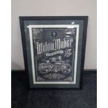 A Widow Maker custom motorcycles print, indistinctly signed, framed.