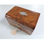 A good Victorian burr walnut fitted jewellery box with mother of pearl decoration,