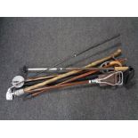 A bundle of assorted walking sticks together with a shooting stick and golf club